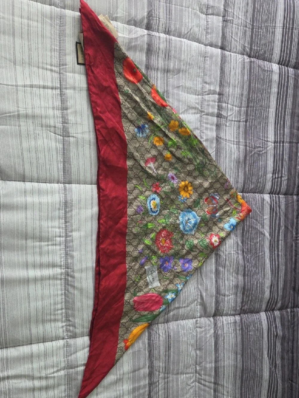Gucci Brown Monogram Floral Silk Scarf with Red Accent